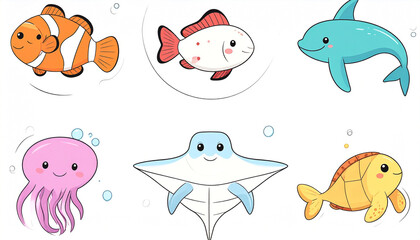 Six cartoon sea creatures clownfish, red fish, dolphin, jellyfish, stingray, and goldfish, swimming amidst bubbles on a white background