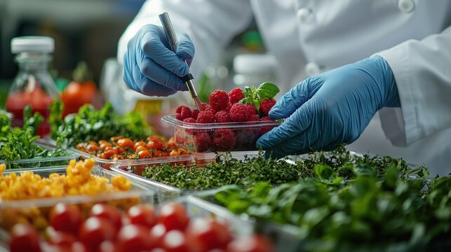 Lab chef inspecting raspberries, food science