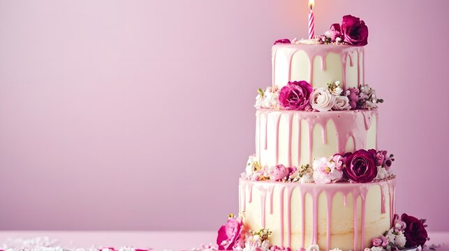 Elegant tiered cake adorned with pink flowers and drips.