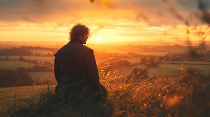 Obraz premium Man Contemplates Sunrise Over Rural Landscape