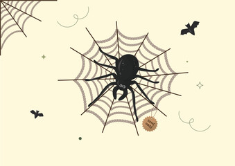 Handcrafted Halloween Spider Web Decoration Illustration. black spider on its web with 