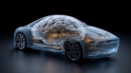 Fototapeta premium Conceptual rendering of self-driving car with brain controlling it, technological advancement
