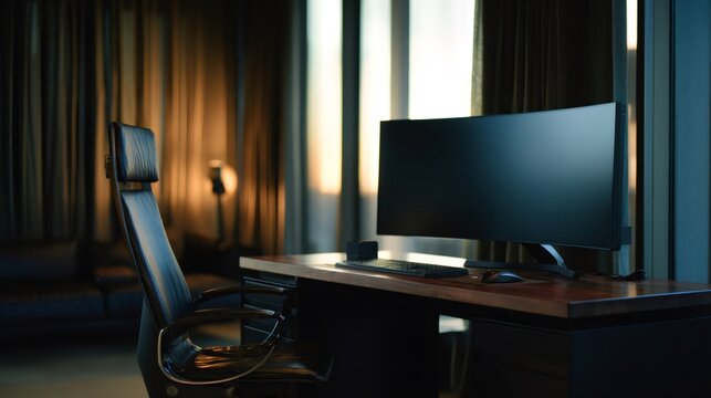 Modern office desk with curved monitor and ergonomic chair during sunset