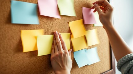 Obraz premium Notes on a corkboard with a hand adding a note, organization and planning in the workplace concept.