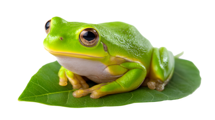 Green tree frog sitting on a leaf, isolated on white background