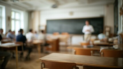 Professor teaching students in blurred university classroom