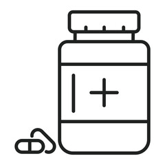 Bottle holds medicine and pills are shown lying near it, everything drawn with simple lines in black and white on a blank background.