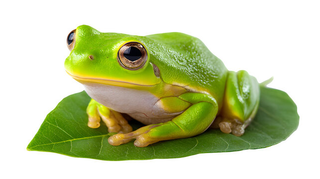 Green tree frog sitting on a leaf, isolated on white background