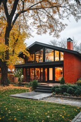 Fototapeta premium A contemporary brick house is beautifully framed by the vivid colors of autumn leaves, illuminated by warm evening light in a peaceful neighborhood