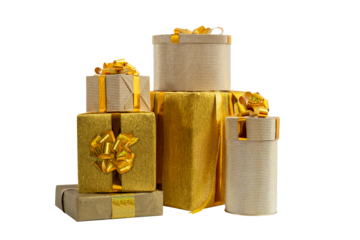 Golden gift boxes for holidays, birthday, promotions, christmas, new year, wedding. Elegant luxury wrappers, lush bows on isolated background.