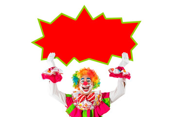 Funny clown holding sign blank template mock up for advertising, posters, greetings, invitations. Entertainer as Joker in a suit and wig, with clown whiteface makeup.