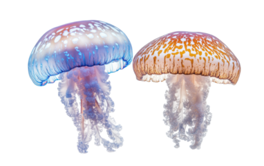 Two jellyfish with blue and orange spots