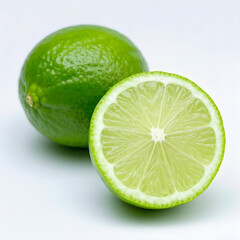 Fresh lime fruit half and whole isolated on white background