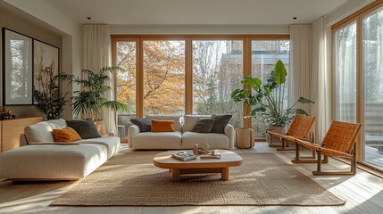 Sun-drenched living room featuring comfortable sofas, woven chairs, and vibrant plants against a backdrop of autumn foliage.
