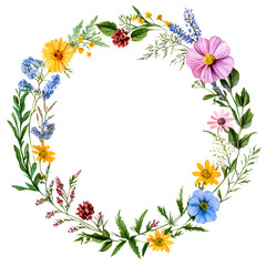 Obraz premium Round wildflower frame. Watercolor floral wreath made of summer colorful flowers and green leaves. PNG clipart.
