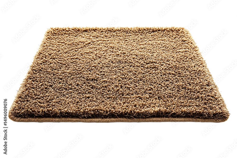 Poster close up shot of a rectangular light brown shag rug with a dark background in a studio setting view