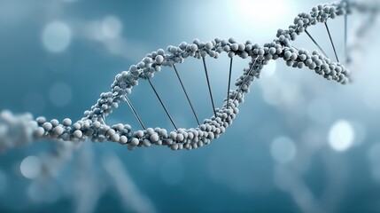 Ultra-realistic 3D rendering of a DNA double helix with detailed molecular structure, floating in a soft blue laboratory background, highlighting the sugar-phosphate backbone and nitrogenous bases...