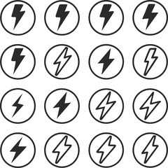 Sixteen Lightning Bolt Icons in Circles Power Energy Flash