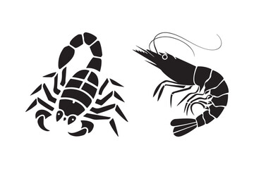 Scorpion and Shrimp Silhouette Vector Marine and Desert Animal Clipart