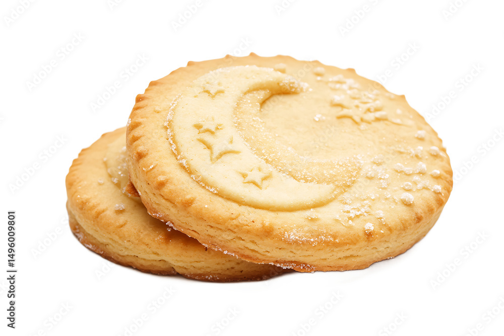 Poster two shortbread cookies stacked with a moon and stars design on a black background close up view