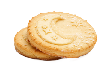 Two shortbread cookies stacked with a moon and stars design on a black background close up view