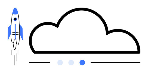 Rocket blasting off beside a cloud, symbolizing innovation and technology. Ideal for cloud computing, startup growth, futuristic concepts, online services, progress, tech solutions, simple landing