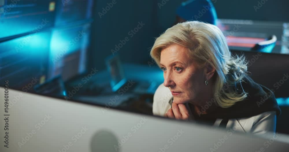 Aufkleber Business, computer and woman in office, cyber security and thinking with software update. Mature person, programmer and decision in workplace, pc and research for hacker, coding and IT technician