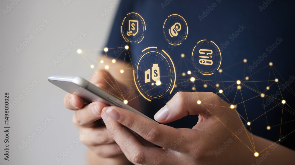 Poster person holding smartphone with digital icons floating above it and connected by lines