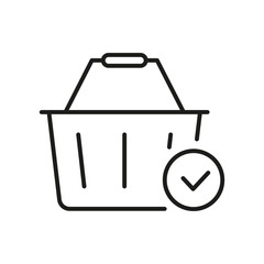 Shopping Basket With Checkmark Line Icon. Purchase Confirmation, Successful Transaction, And Order Completion Outline Symbol. E-Commerce And Retail. Editable Stroke. Isolated Vector Illustration