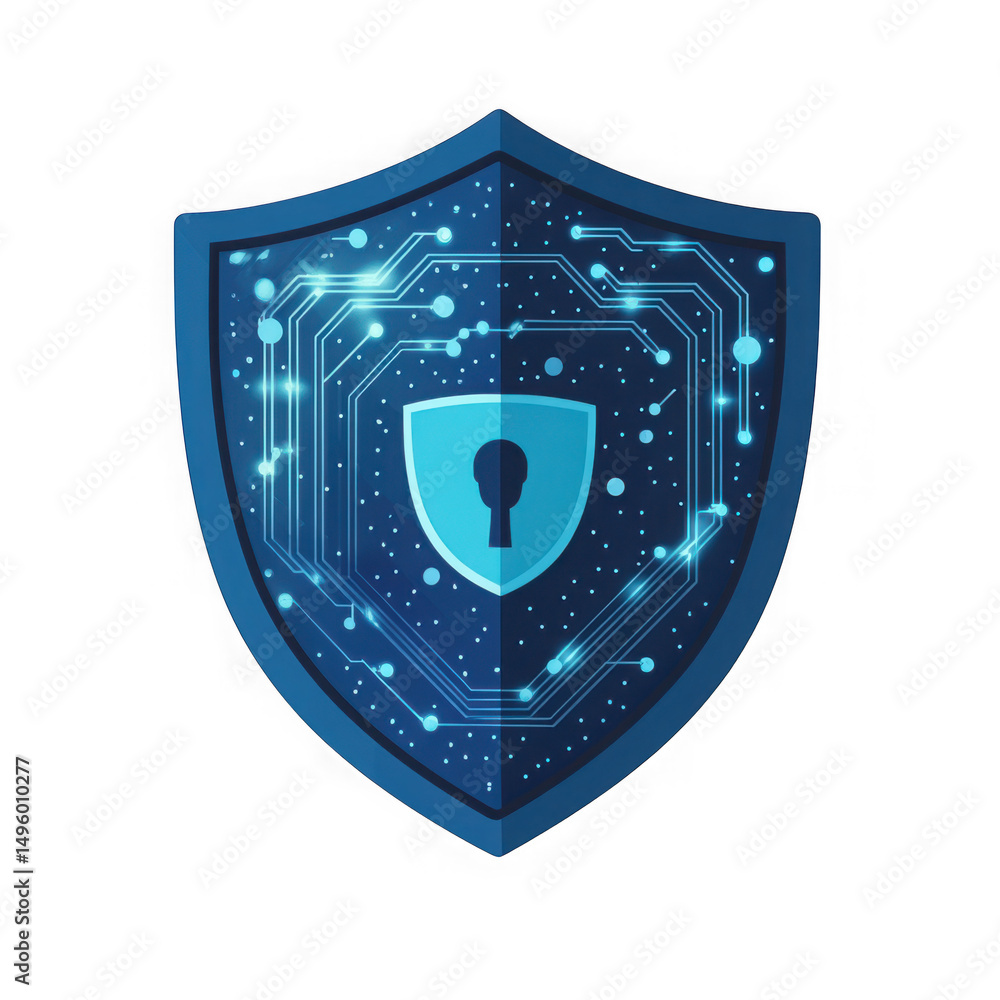 Poster blue shield with circuit and keyhole icon on transparent background