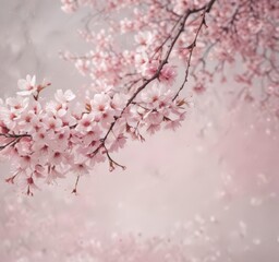 Obraz premium Soft pink sakura petals descend, blurring into a hazy pink and white cherry blossom backdrop , japanese, bokeh, blossom