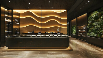 Sleek shop interior marble floor, curved wood wall with warm lighting, showcasing various items on a dark countertop
