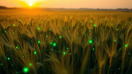 Golden field of wheat connected by a network of glowing green nodes at sunset. Technology enhances nature.