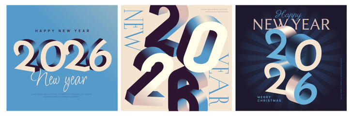 Happy 2026 new year poster set. Abstract festive banners with realistic numbers and lettering. Square cards for New Year celebration. Isometric 3D vector illustration collection isolated on background