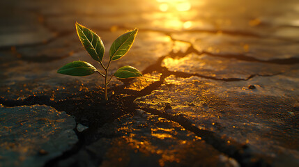 Emergence of Resilience: A small plant sprouts through cracked earth, bathed in golden sunlight, illustrating the enduring strength and tenacity of life.