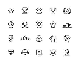 Award line Icons Set. Simple symbols with trophy cup, winner gold medal and reward. Editable stroke. Success and achievement. Outline vector illustration collection isolated on background