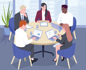 Business Planning. Poster with office workers or entrepreneurs sitting at round table and discussing project at business conference or meeting. Developing Success Strategy. Flat vector illustration