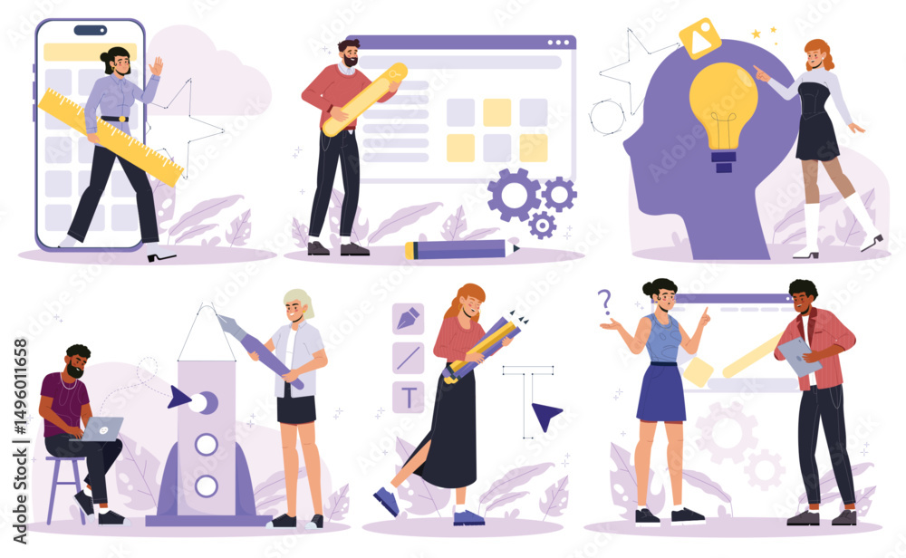 Poster set of web designers. graphic designers come up with creative idea, develop app or website, and laun