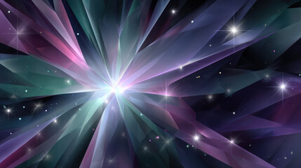 Obraz premium An abstract background illustration featu geometric shapes and a central bright light point amidst scattered starlight against a dark and vibrant colorful space.