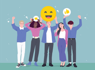 Employee satisfaction. Happy motivated office workers holding thumbs up and smiling emoji as symbol of good working conditions. Employee Engagement and Commitment Rating. Flat vector illustration