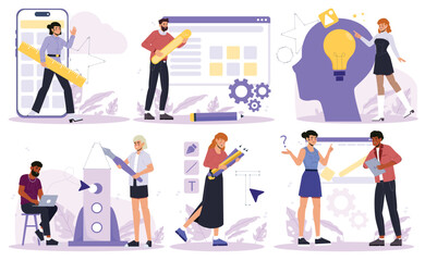 Set of web designers. Graphic designers come up with creative idea, develop app or website, and launch project. SEO, UX and UI. Cartoon vector illustration collection isolated on background