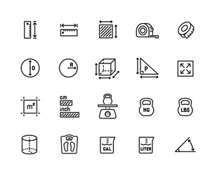 Set of measurement line icons. Simple symbols with tape measure, weight and scales for measuring length, weight and volume. Editable stroke. Outline vector illustration isolated on background