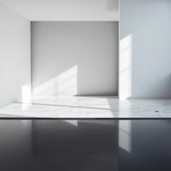 Fototapeta premium A sleek minimalist studio backdrop where a polished marble surface adorned with subtle leaves casts a gentle shadow on a stark white and grey wall creating a sense of spaciousness and inviting the vie