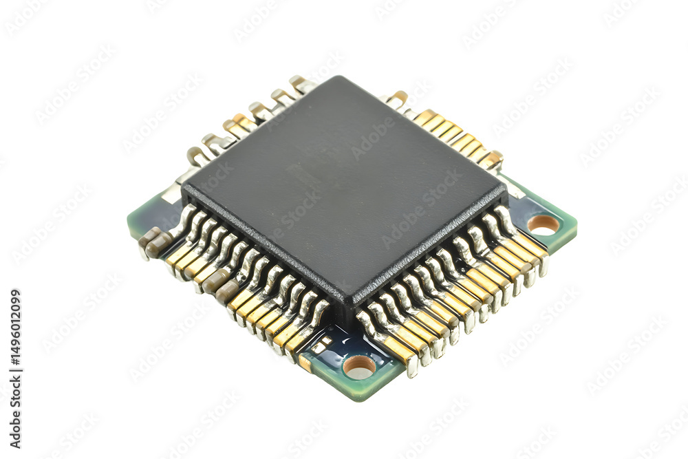 Poster close up view of a microchip with many pins on a circuit board on a black background image