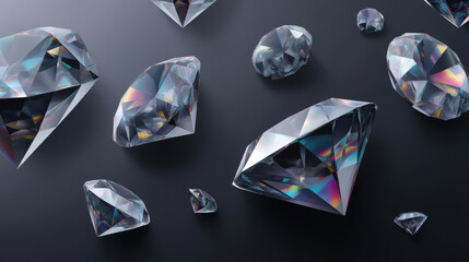 Sparkling diamonds are scattered across a dark surface, reflecting light and showcasing their brilliance in a luxurious and captivating composition for jewelry designs.