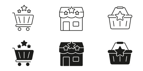Shopping Cart, Storefront, And Basket With Stars Icon Set. E-Commerce, Retail Excellence, And Customer Satisfaction Symbol Collection. Online Shopping. Isolated Vector Illustration
