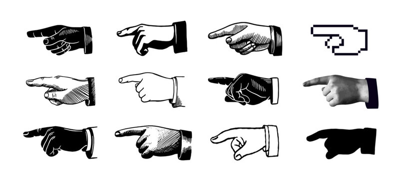 Pointing Hands Set. Icons or stickers with black and white halftone hands showing direction with index finger. Retro style engraving. Hand drawn vector illustration collection isolated on background