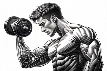 Muscular man lifting dumbbell monochrome artwork depicting bodybuilding and strength training on white background.