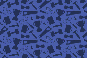 Father's Day seamless pattern with trophy, bow tie, screwdriver, dumbbell, saw, hammer, eyeglasses icons- vector illustration