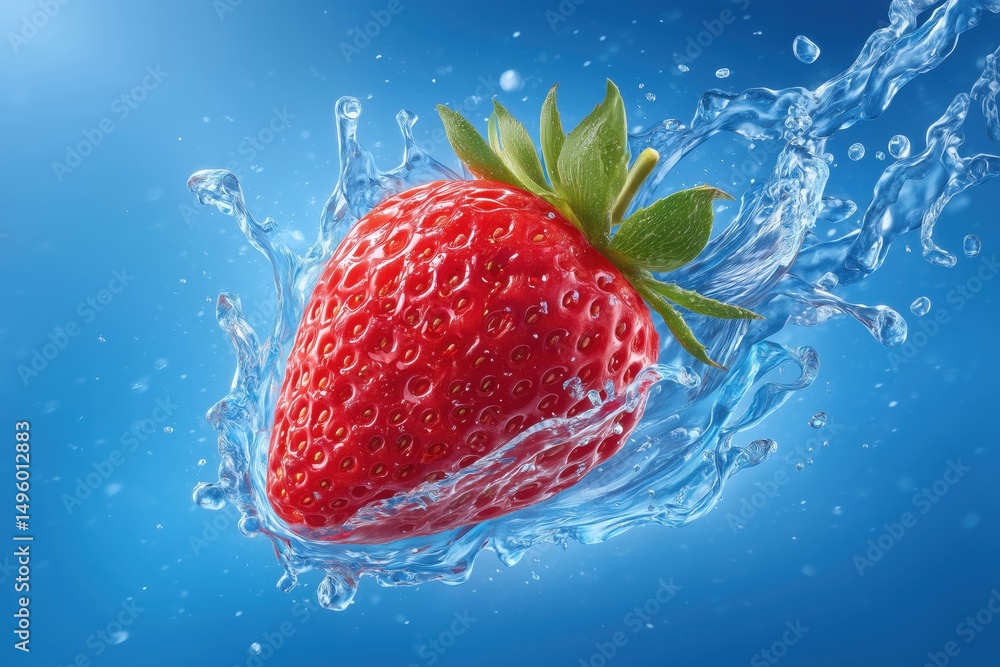 Poster strawberry splashes into clear water creating dynamic freeze frame. bright blue background enhances 